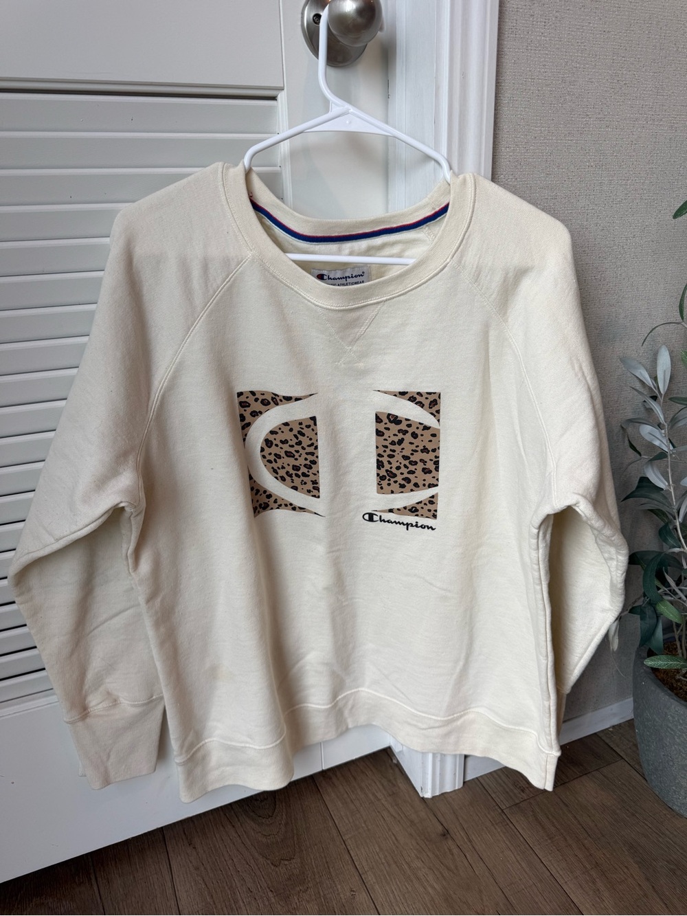 Champion Cream Crewneck with Leopard Logo